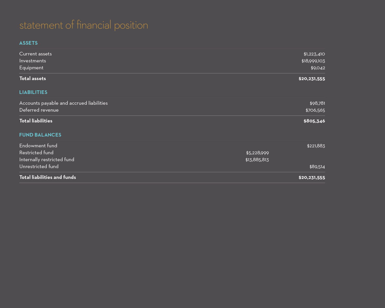 Financial chart, statement of financial position