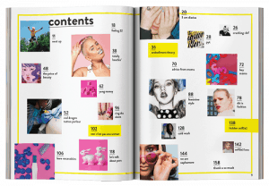 The table of contents page of Sophomore magazine with pictures and page numbers
