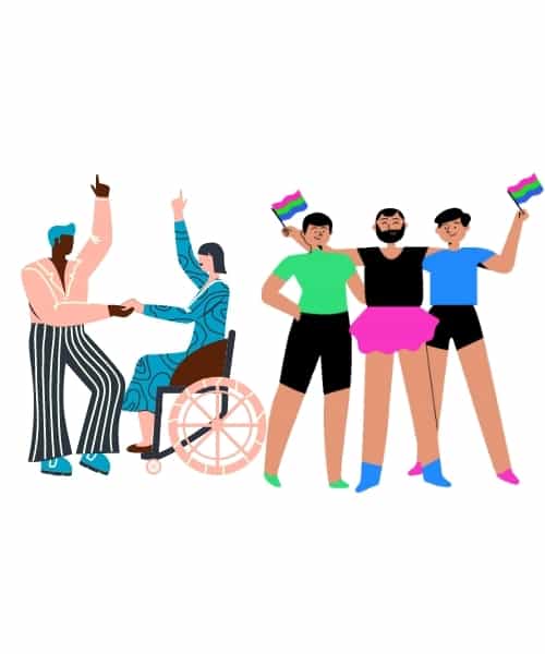 Body positivity Icons of gender-diverse bodies and a woman in wheelchair dancing together