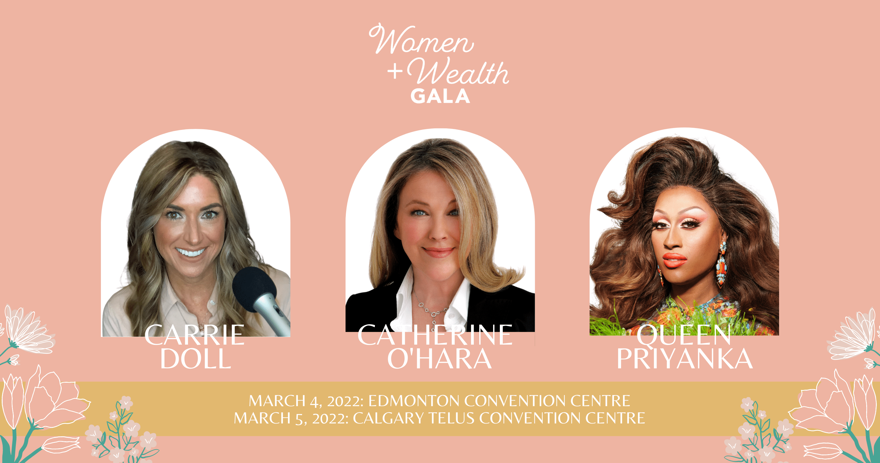 Women and Wealth gala image showing Carrie Doll, Catherine O'Hara and Queen Priyanka
