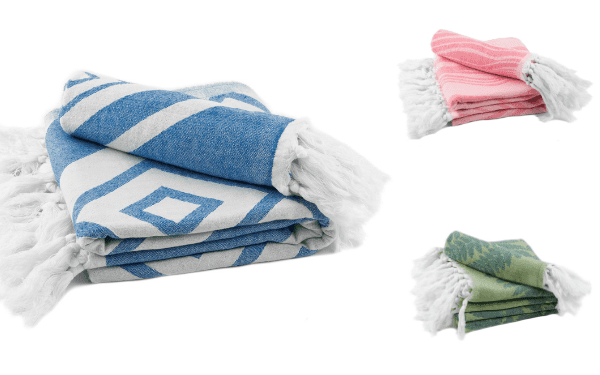 Pomp and Sass towels in blue, pink and green