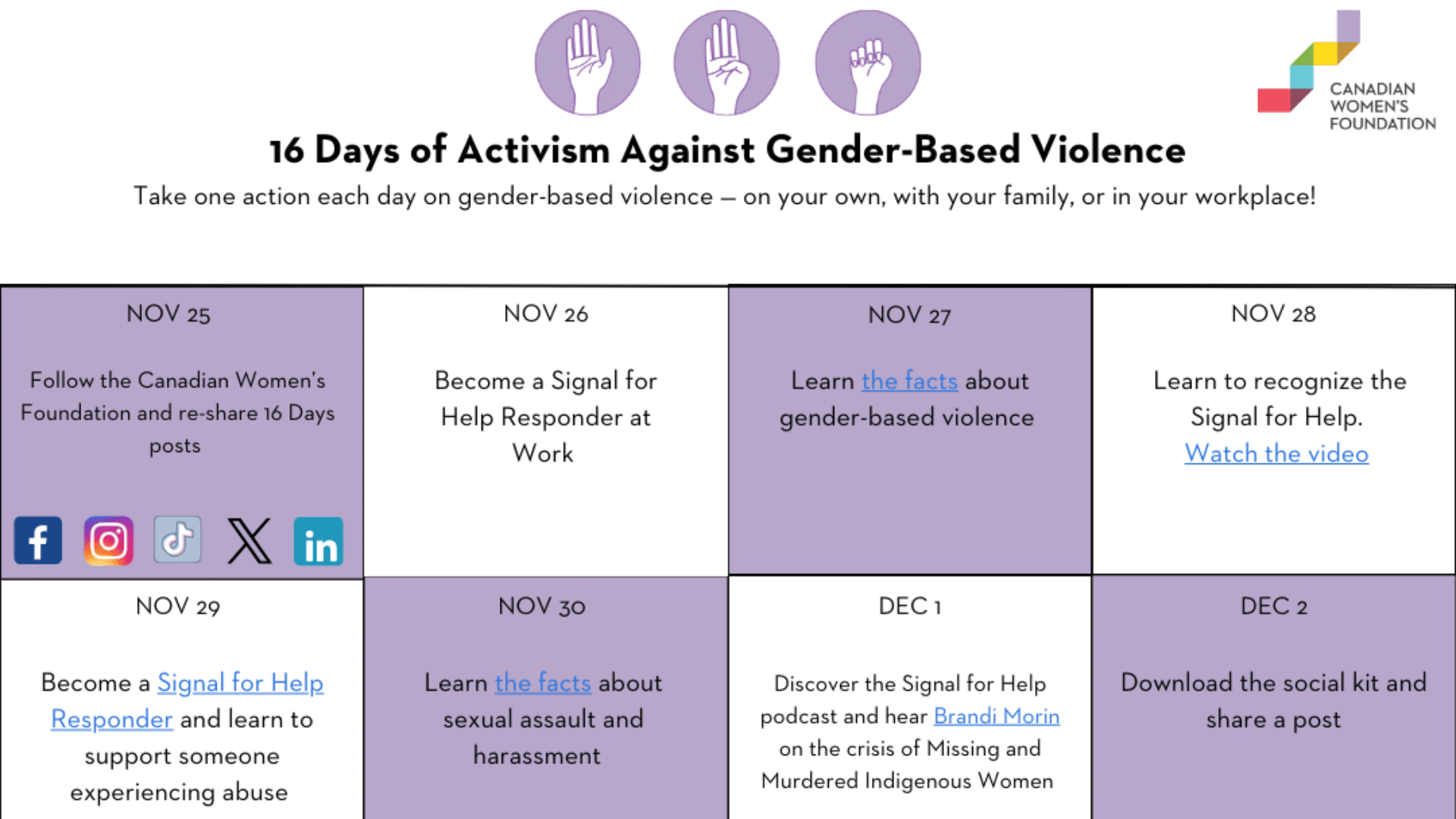 Image of the 16 Days of Activism Against Gender-Based Violence calendar.