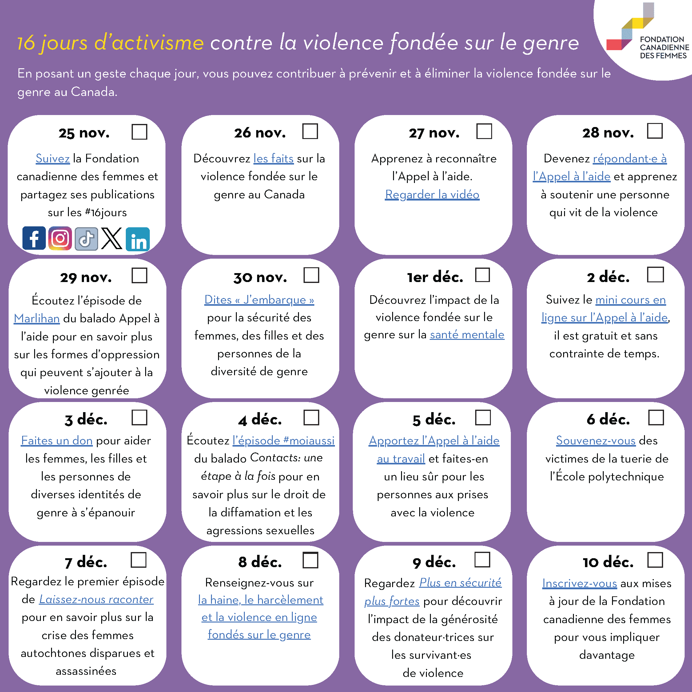 Image du calendrier montrant les actions à entreprendre pendant les 16 jours d'activisme contre la violence basée sur le genre 2024