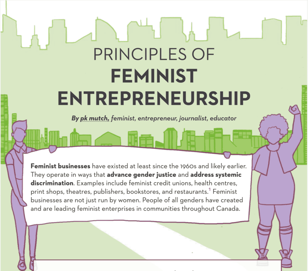 Illustration from Principles of Feminist Entrepreneurship document shows two women holding up a banner